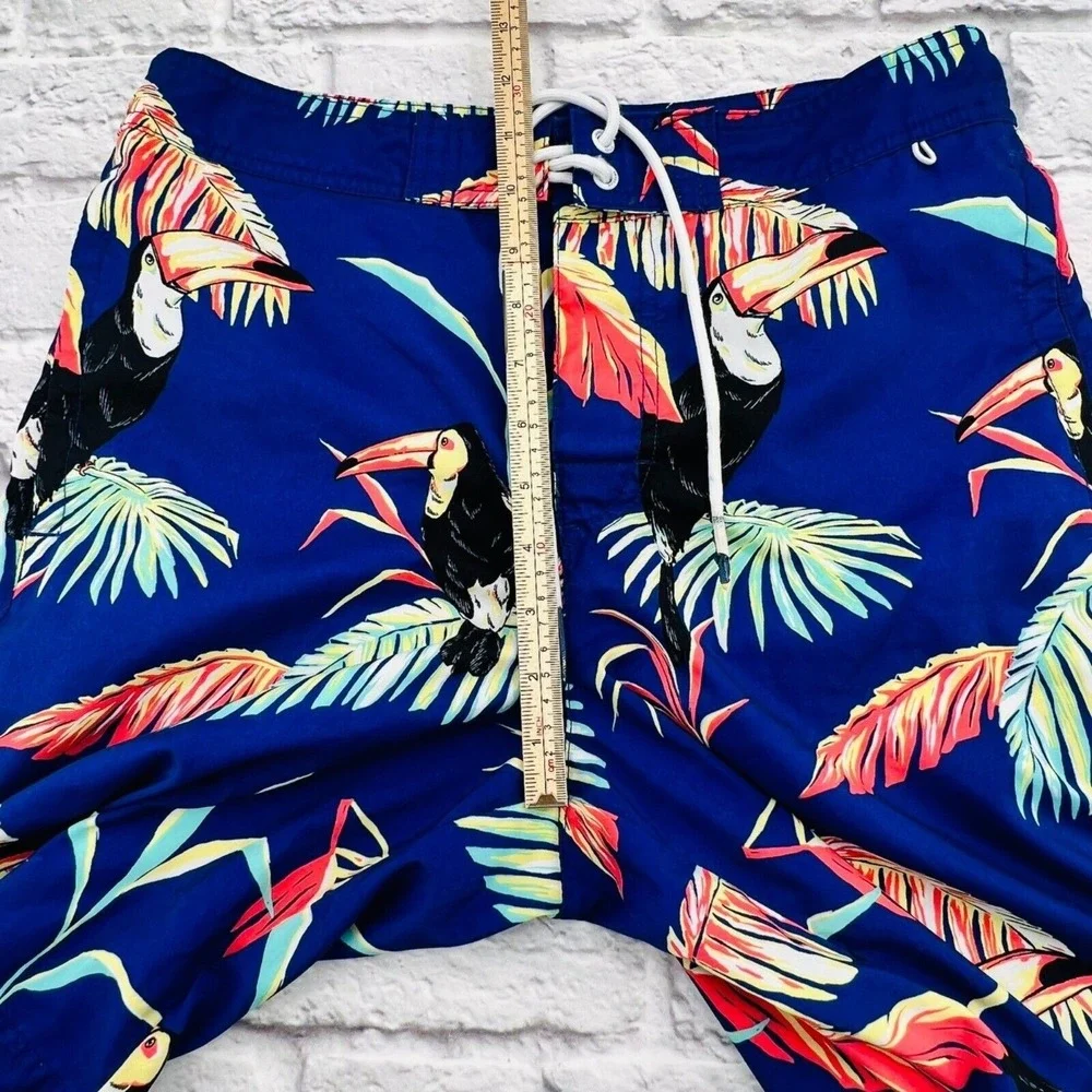 American Eagle Swim Board Shorts Small Blue Toucan Palm Leaves Drawstring Beach
